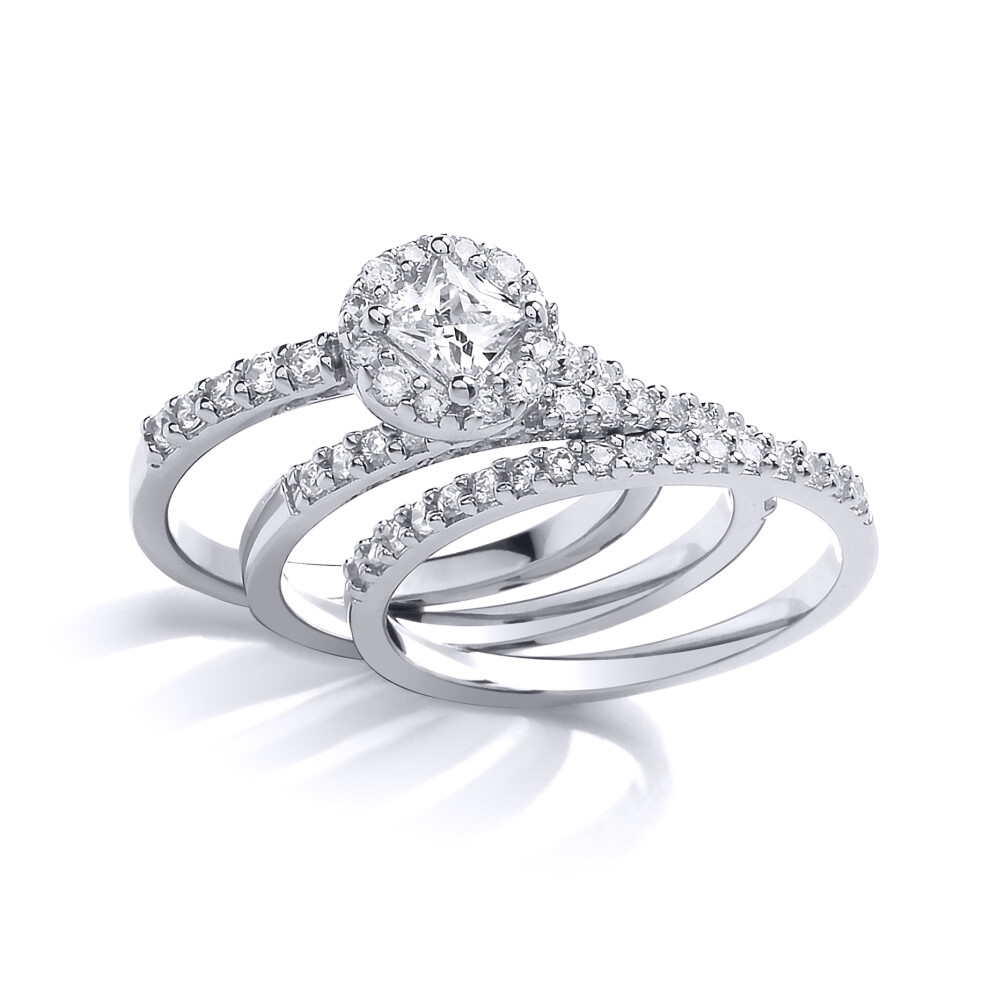 (P) Jewelco London Ladies Rhodium Sterling Silver Princess Cut CZ Halo Cluster Trilogy Eternity Bridal Rings Set