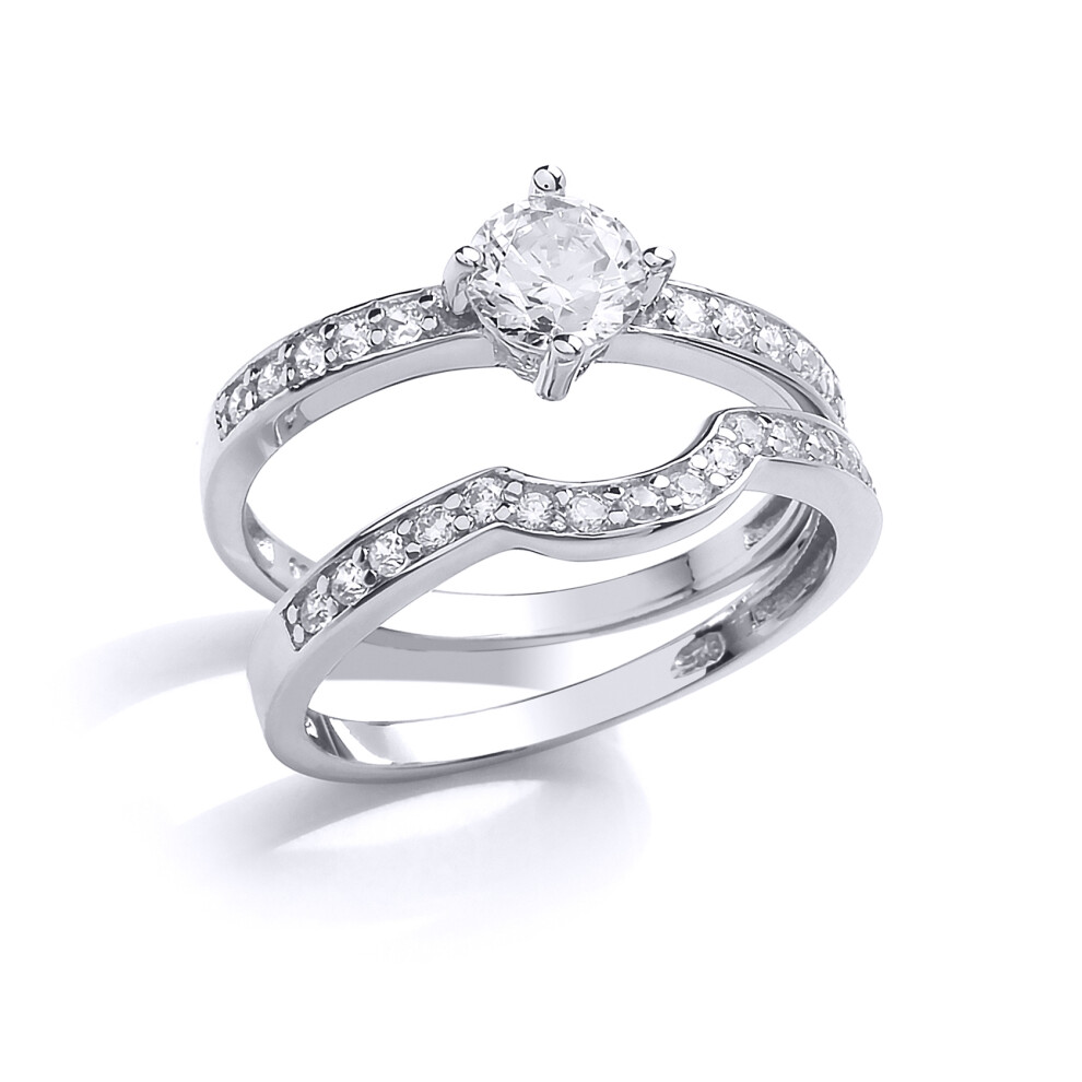 (P) Jewelco London Ladies Rhodium Sterling Silver Cubic Zirconia Solitaire Eternity Curve Shaped Fit Bridal Rings Set