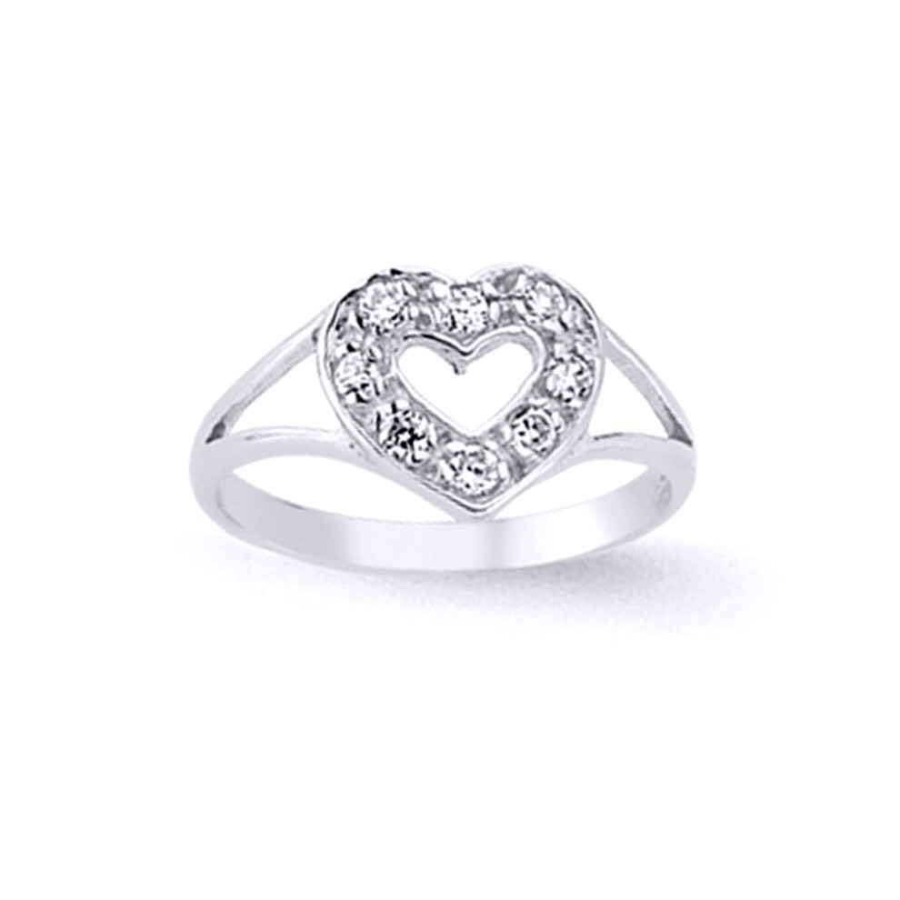 (H) Jewelco London Girls Rhodium Plated Sterling Silver Cubic Zirconia Split Shoulder Love Heart Dress Ring