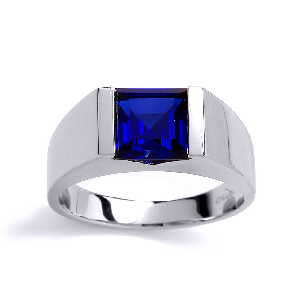 (T) Jewelco London Mens Rhodium Plated Sterling Silver Blue Square Cubic Zirconia Bar Set Square Solitaire Signet Ring