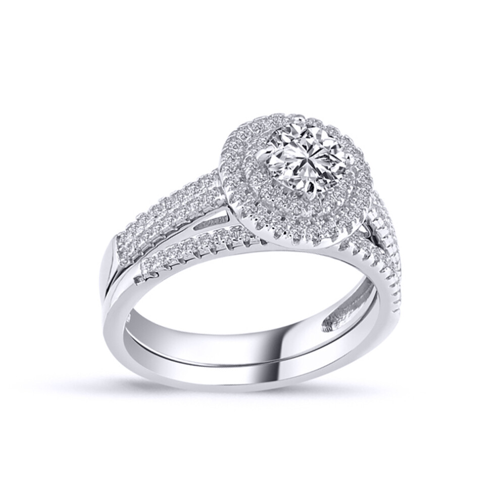 (O) Jewelco London Ladies Rhodium Plated Sterling Silver Cubic Zirconia Solitaire Halo Eternity Bridal Rings Set