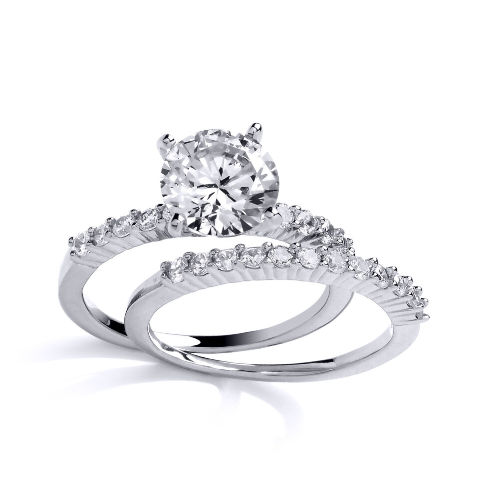 (O) Jewelco London Ladies Rhodium Plated Sterling Silver Cubic zirconia Wedding Band Bridal Rings Set