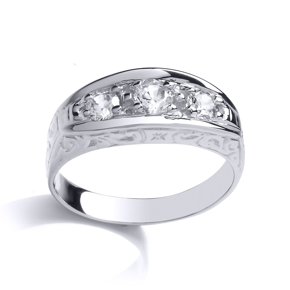 (T) Jewelco London Mens Rhodium Plated Sterling Silver Cubic Zirconia Carved Gypsy Trilogy Signet Ring