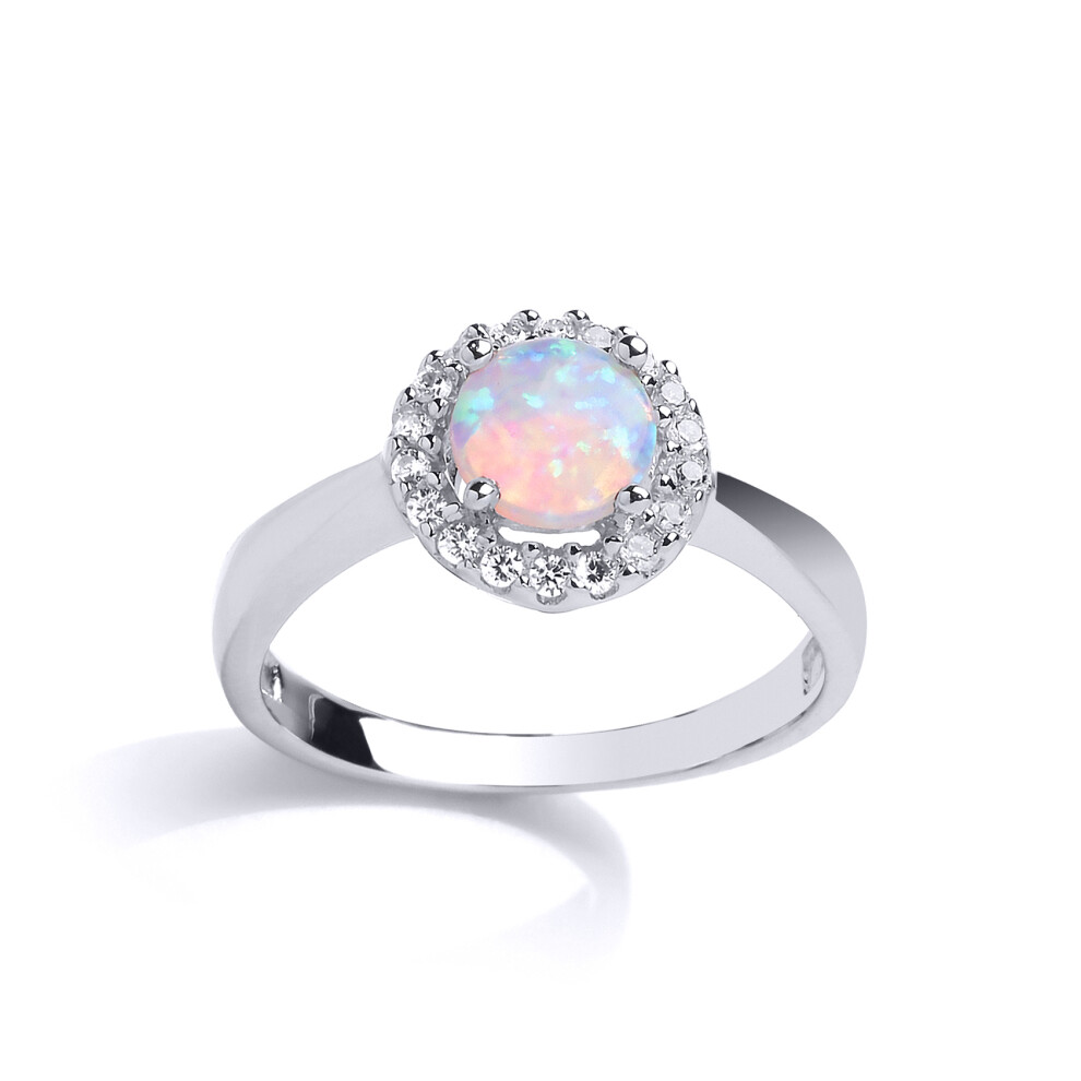 (O) Jewelco London Ladies Rhodium Plated Sterling Silver Opal Halo Cluster Solitaire Engagement Ring