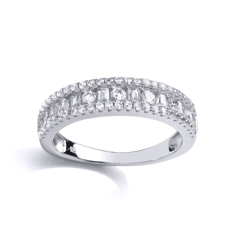 (L) Jewelco London Ladies Rhodium Plated Sterling Silver baguette Cubic Zirconia 3 Row Channel Eternity Ring