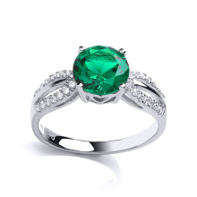 (N) Jewelco London Ladies Rhodium Plated Sterling Silver Green Cubic Zirconia Shoulder Set Solitaire Engagement Ring