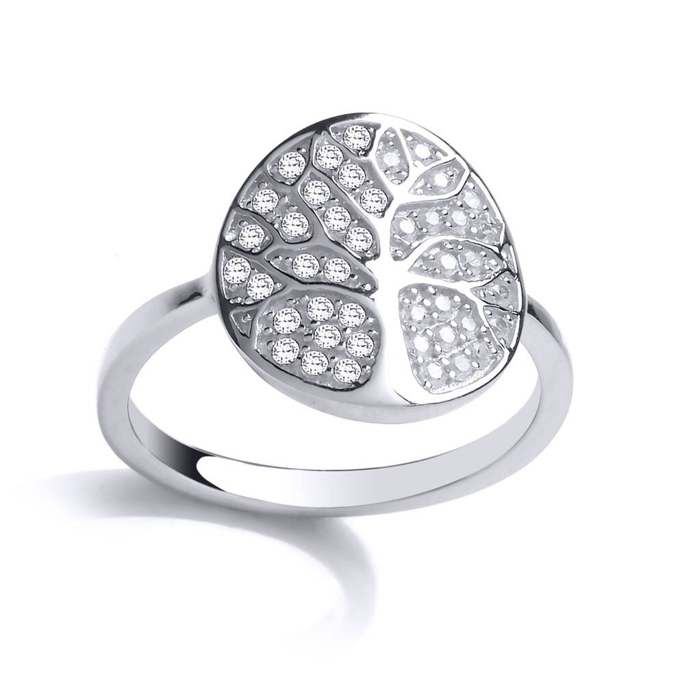 (P) Jewelco London Ladies Rhodium Plated Sterling Silver Cubic Zirconia Firefly Tree of Life Signet Ring