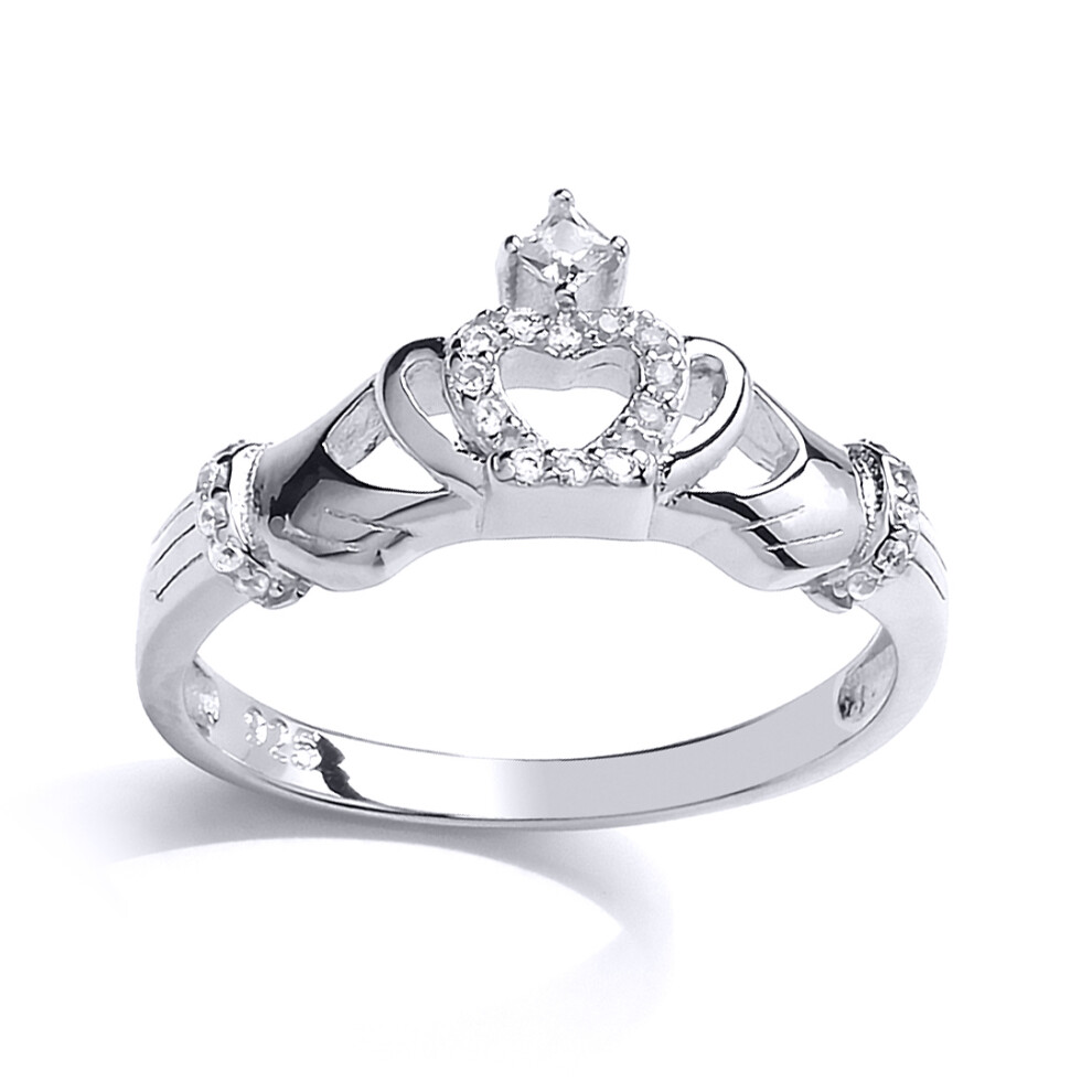 (M) Jewelco London Ladies Rhodium Plated Sterling Silver Cubic Zirconia Claddagh Dress Ring