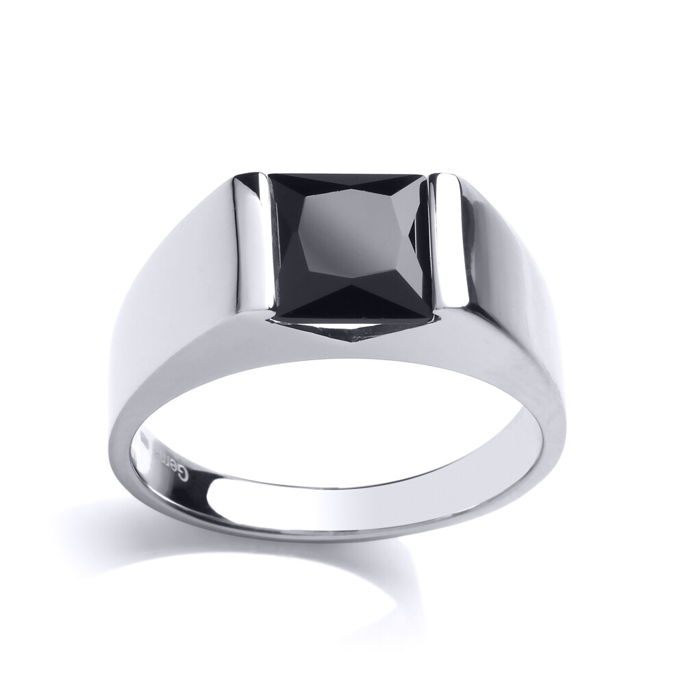 (Y) Jewelco London Mens Rhodium Plated Sterling Silver Black Square Onyx Bar Set Square Solitaire Signet Ring