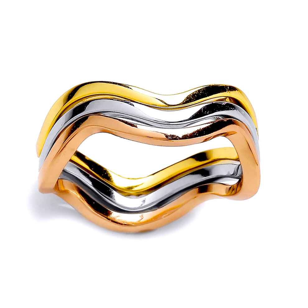 (L) Jewelco London Ladies Rhodium Yellow & Rose Gold-Plated Sterling Silver # Wavy Russian Wedding Dress Ring