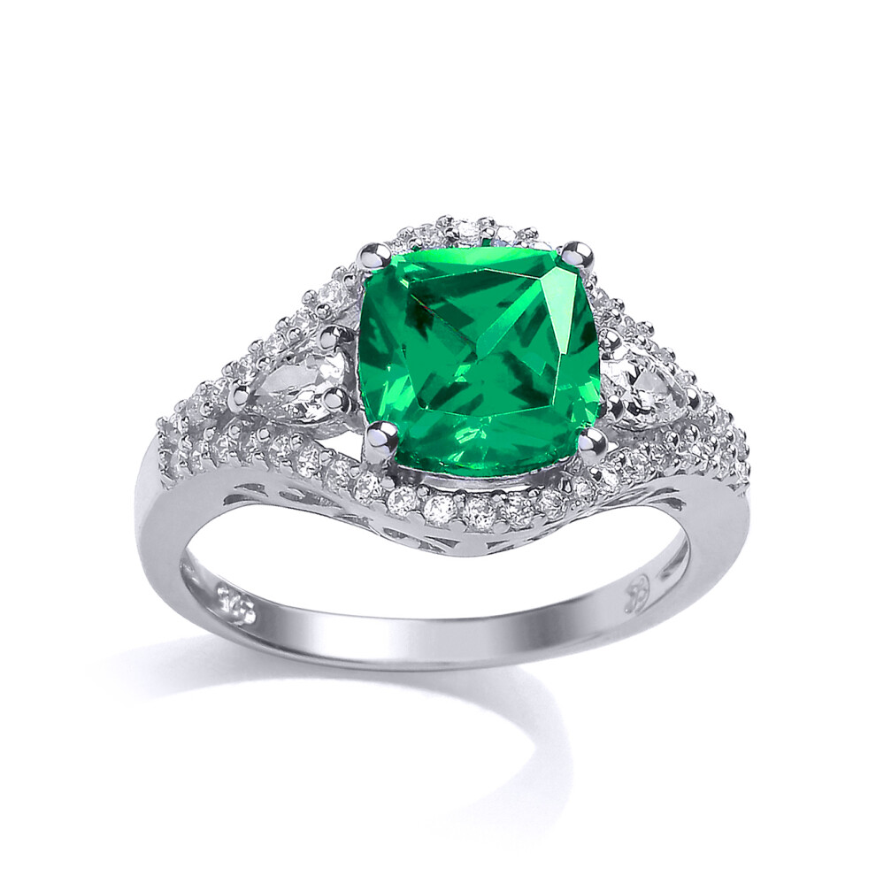 (R) Jewelco London Ladies Rhodium Plated Sterling Silver Green Cushion Cubic Zirconia Halo Engagement Ring