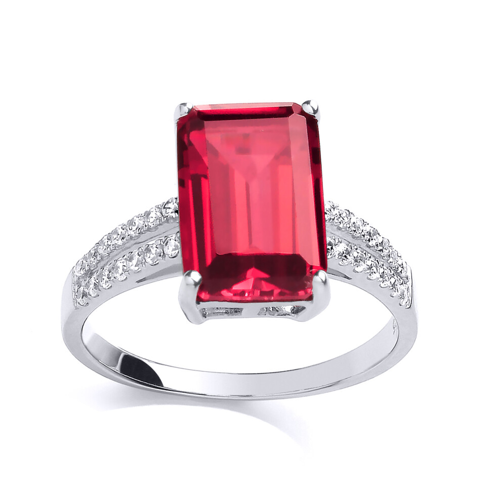 (Q) Jewelco London Ladies Rhodium Sterling Silver Red Emerald Cut CZ Shoulder-Set 4 Claw Solitaire Engagement Ring