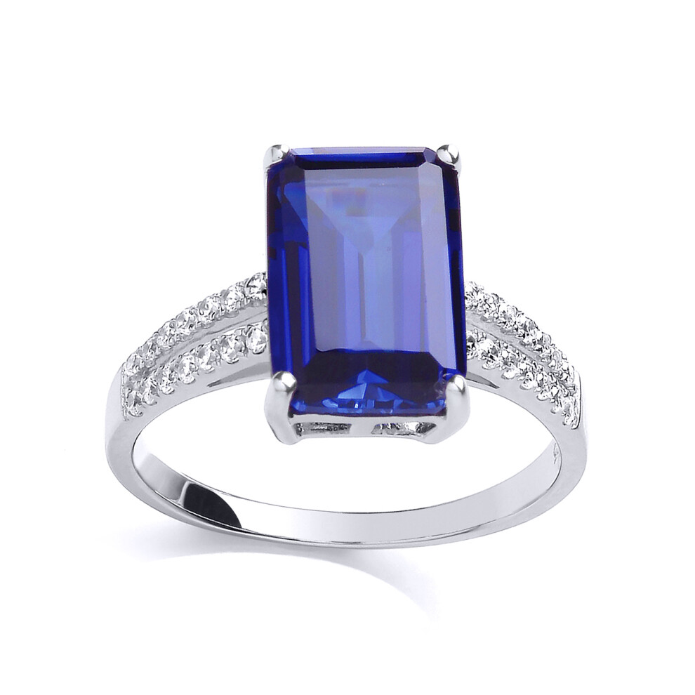(L) Jewelco London Ladies Rhodium Sterling Silver Blue Emerald Cut CZ Shoulder-Set 4 Claw Solitaire Engagement Ring