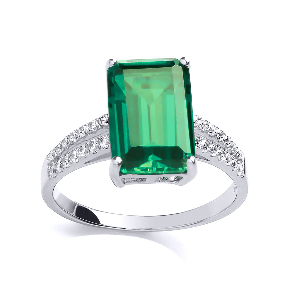(L) Jewelco London Ladies Rhodium Sterling Silver Green Emerald Cut CZ Shoulder-Set 4 Claw Solitaire Engagement Ring