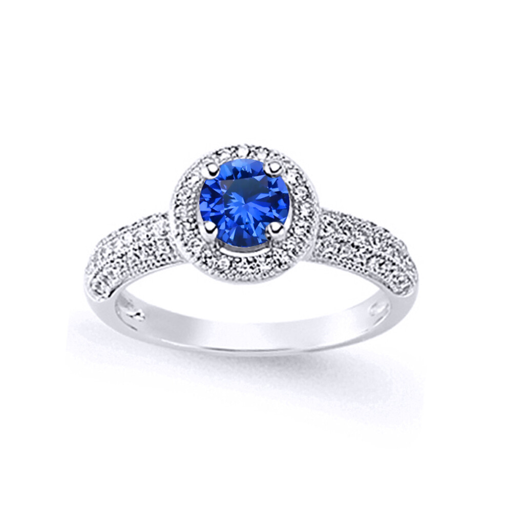 (O) Jewelco London Ladies Rhodium Plated Sterling Silver Blue Cubic Zirconia Halo Engagement Ring-image-OPC-P6YMRF8-NEW