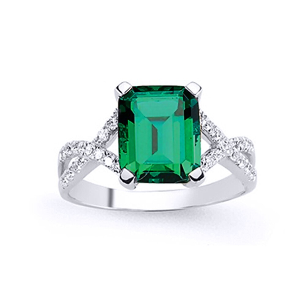 (Q) Jewelco London Ladies Rhodium Plated Sterling Silver Green Emerald Cut Cubic Zirconia Criss Cross Engagement Ring