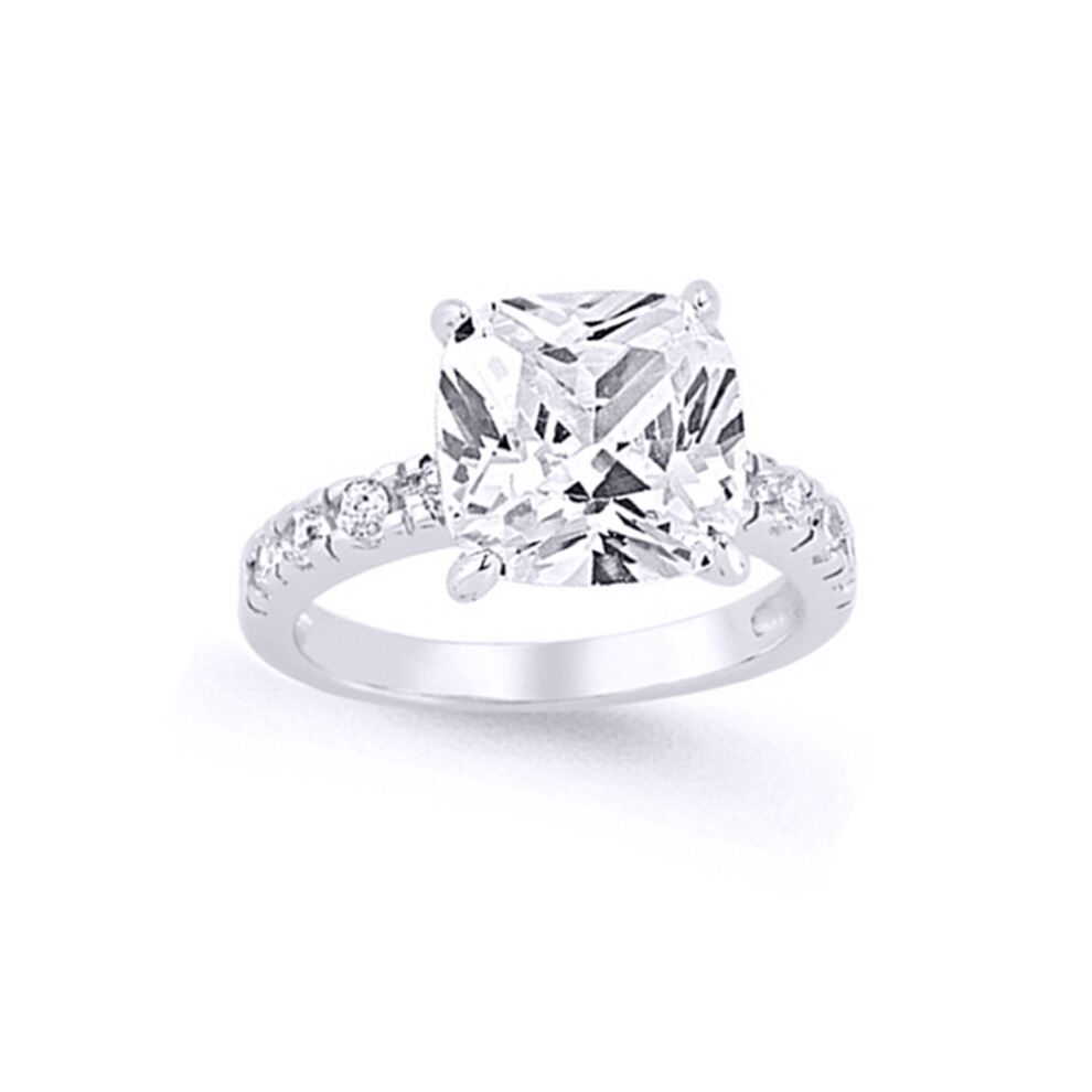 (Q) Jewelco London Ladies Rhodium Sterling Silver Asscher Cubic Zirconia Shoulder-Set 4 Claw Solitaire Engagement Ring