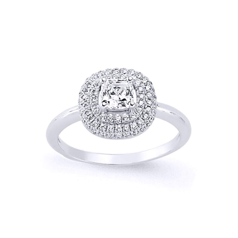 (P) Jewelco London Ladies Rhodium Plated Sterling Silver Asscher Cubic Zirconia Double Halo Solitaire Engagement Ring
