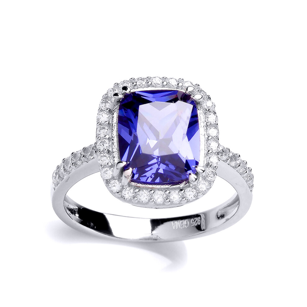 (Q) Jewelco London Ladies Rhodium Sterling Silver Purple Emerald Cut CZ Shoulder-Set Halo Solitaire Engagement Ring