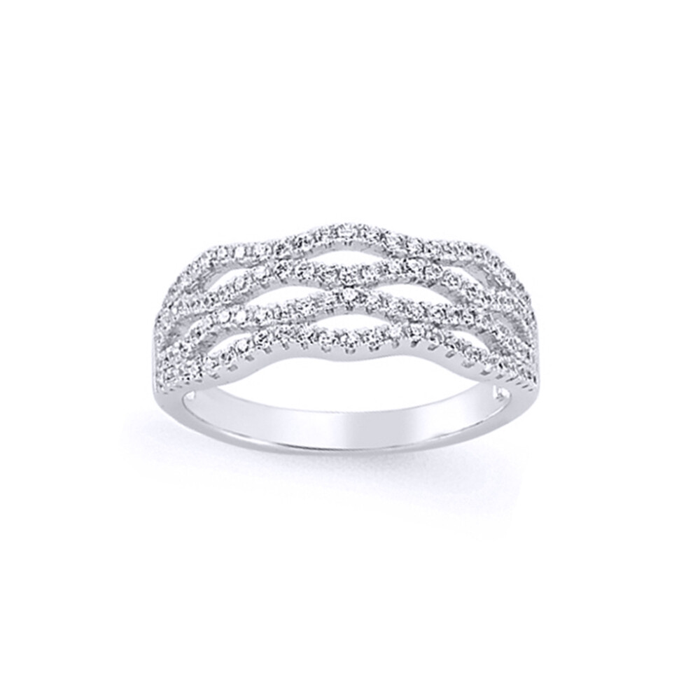 (O) Jewelco London Ladies Rhodium Plated Sterling Silver Cubic Zirconia 4 Row Pave Wavy Eternity Ring
