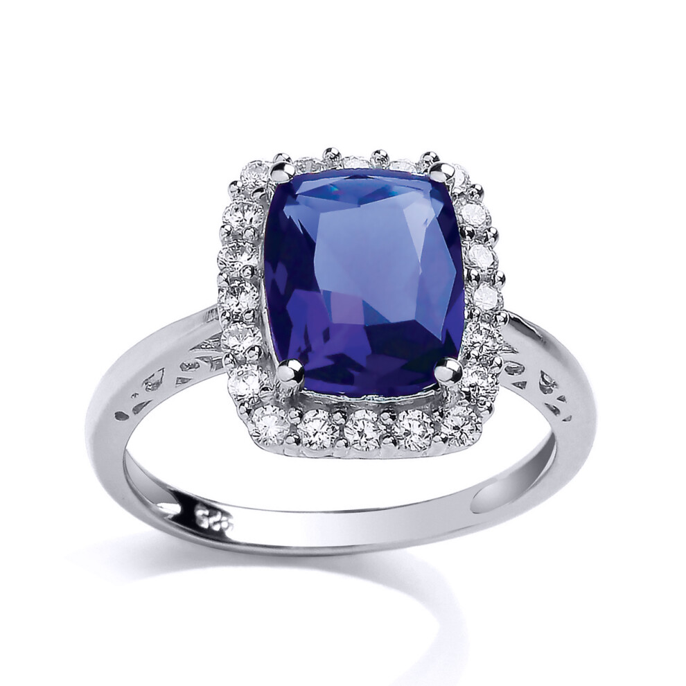 (L) Jewelco London Ladies Rhodium Sterling Silver Purple Emerald Cut CZ Shoulder-Set Halo Solitaire Engagement Ring