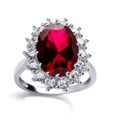 (P) Jewelco London Ladies Rhodium Sterling Silver Red Oval Cubic Zirconia Royal Princess Cluster Solitaire Engagement Ring