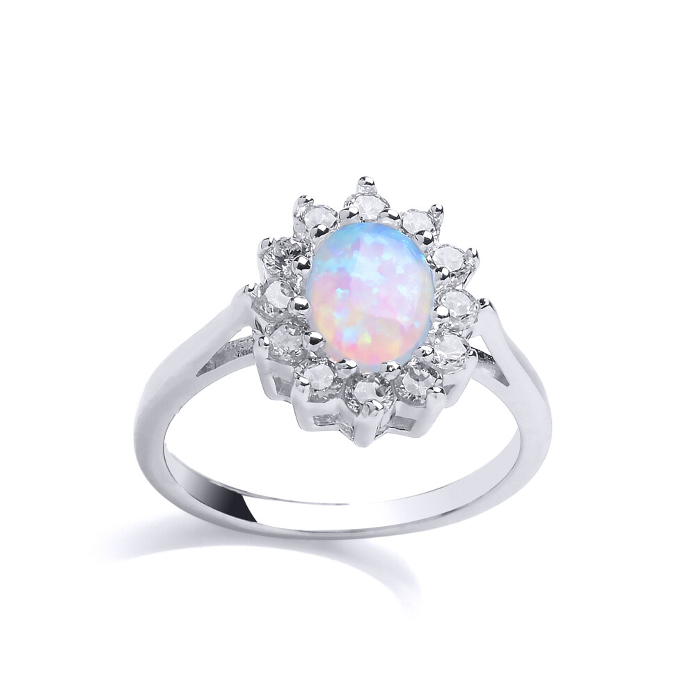 (O) Jewelco London Ladies Rhodium Plated Sterling Silver oval opal Royal Cluster Cluster Ring