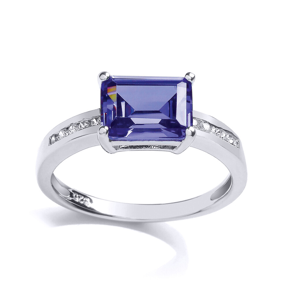(L) Jewelco London Ladies Rhodium Sterling Silver Purple Emerald Cut CZ Shoulder-Set 4 Claw Solitaire Engagement Ring