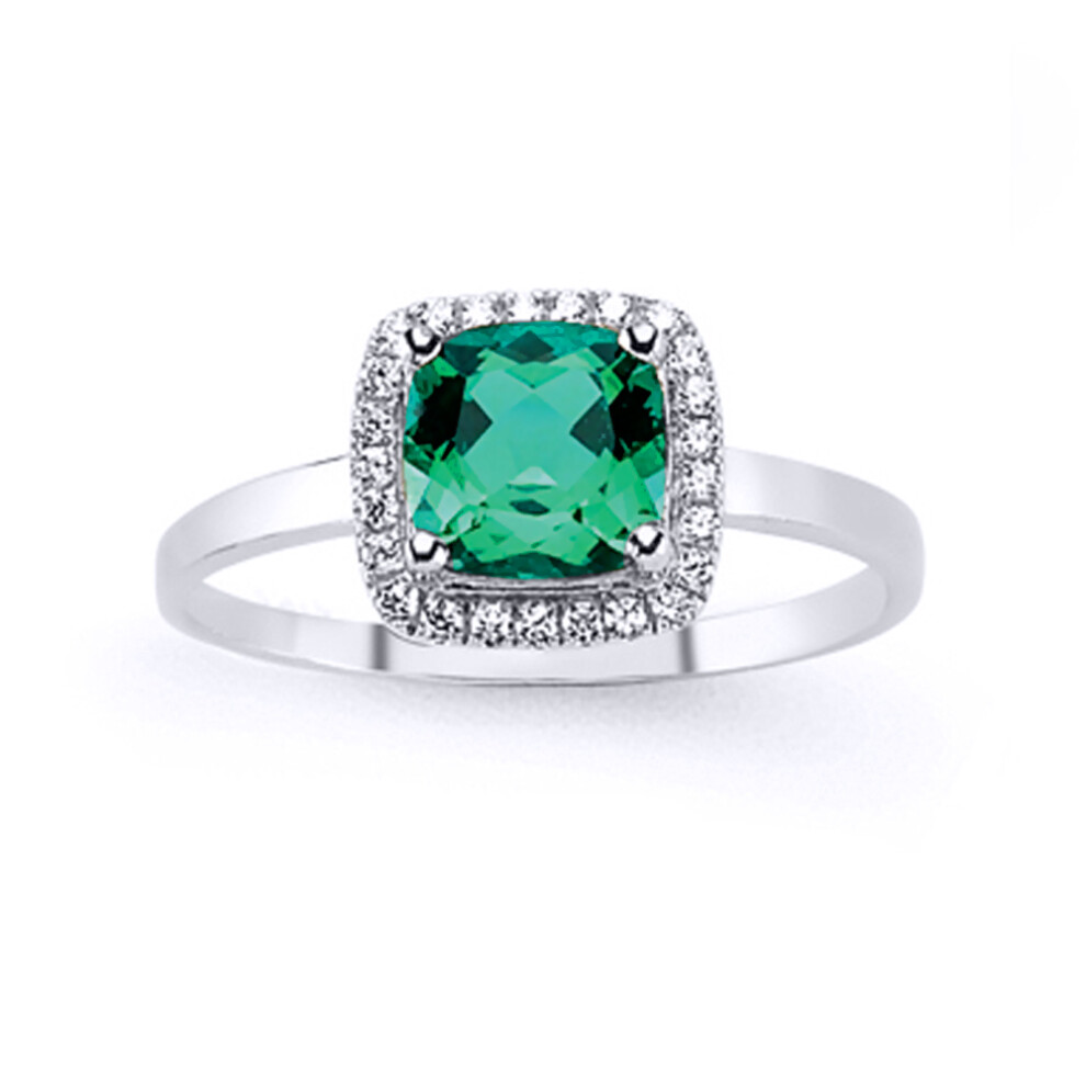 (R) Jewelco London Ladies Rhodium Sterling Silver Green Asscher Cubic Zirconia Halo Cluster Solitaire Engagement Ring