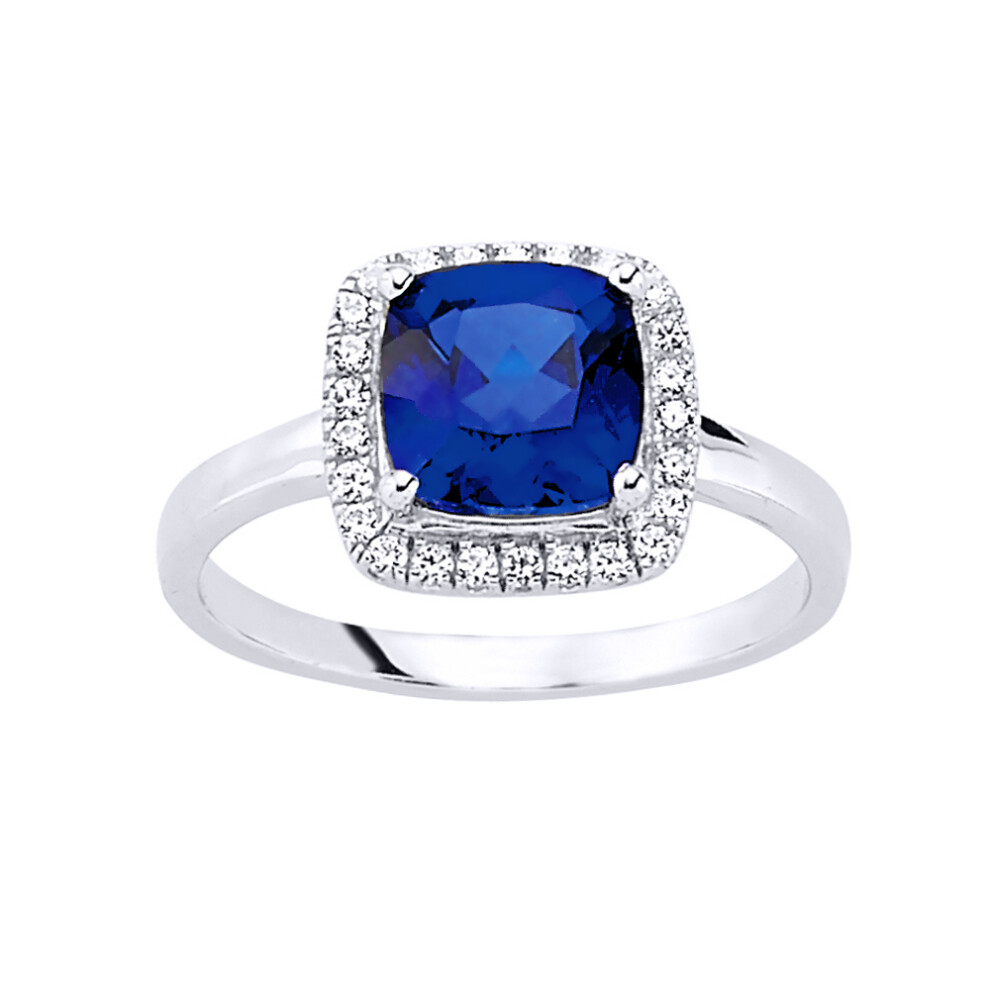 (P) Jewelco London Ladies Rhodium Plated Sterling Silver Blue Square Cubic Zirconia Halo Cluster Solitaire Engagement Ring