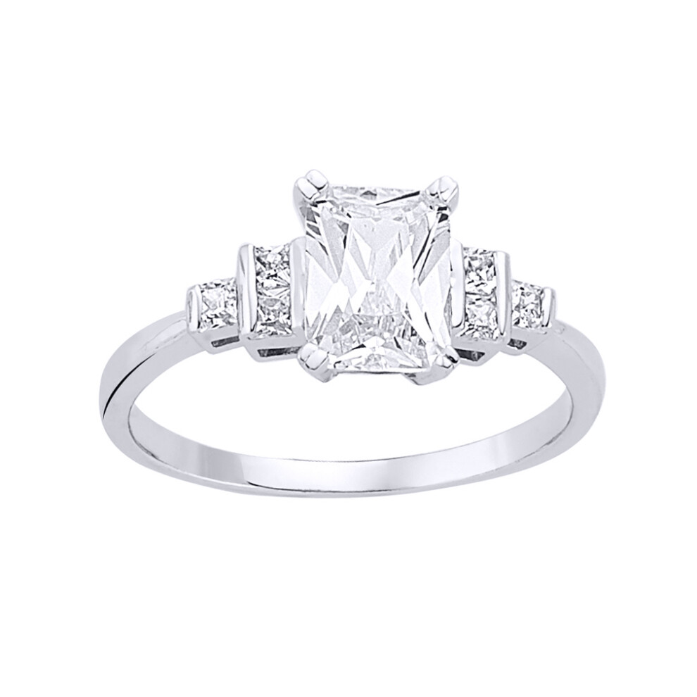 (O) Jewelco London Ladies Rhodium Plated Sterling Silver Emerald and Princess Cut Cubic Zirconia Solitaire Engagement Ring
