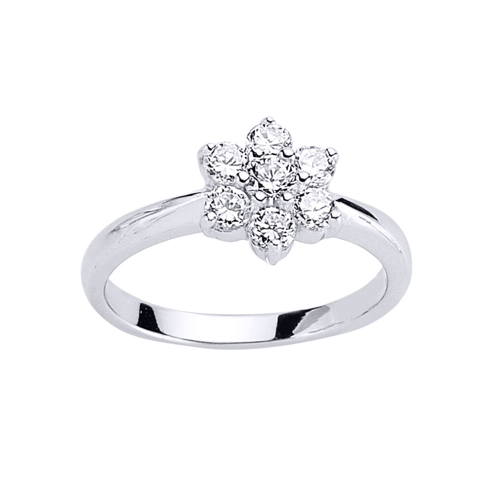 (M) Jewelco London Ladies Rhodium Plated Sterling Silver Cubic Zirconia Flower Cluster Engagement Ring