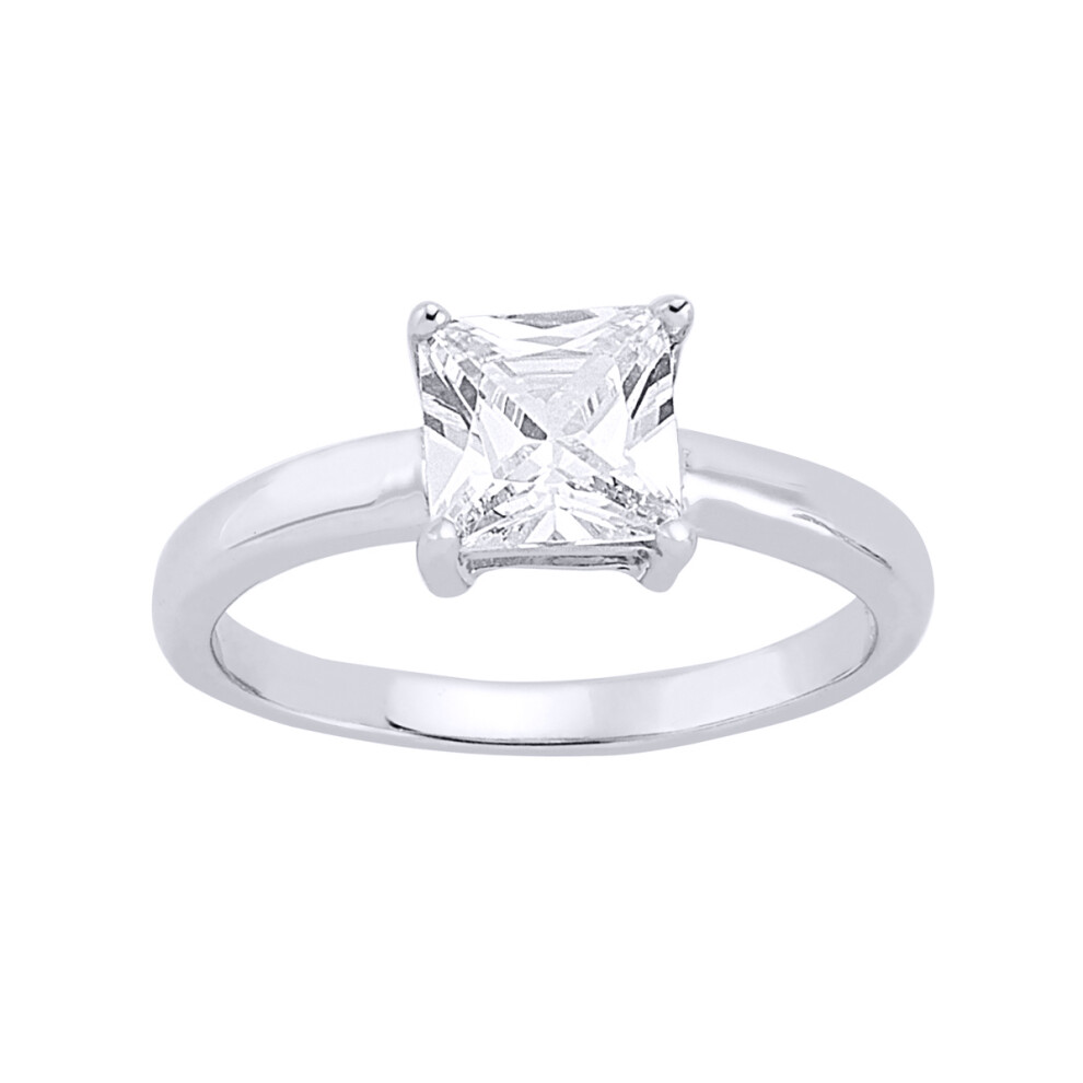 (N) Jewelco London Ladies Rhodium Plated Sterling Silver Square Cubic Zirconia 4 Claw Solitaire Engagement Ring