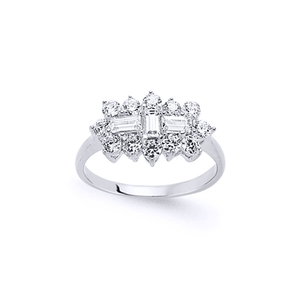 (P) Jewelco London Ladies Rhodium Plated Sterling Silver Baguette Cubic Zirconia Trilogy Boat Cluster Engagement Ring