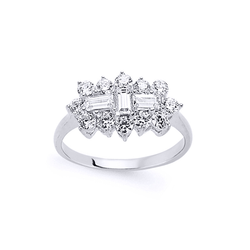 (O) Jewelco London Ladies Rhodium Plated Sterling Silver Baguette Cubic Zirconia Trilogy Boat Cluster Engagement Ring
