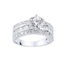 (P) Jewelco London Ladies Rhodium Sterling Silver Baguette Cubic Zirconia Shoulder-Set 6 Claw Solitaire Engagement Ring