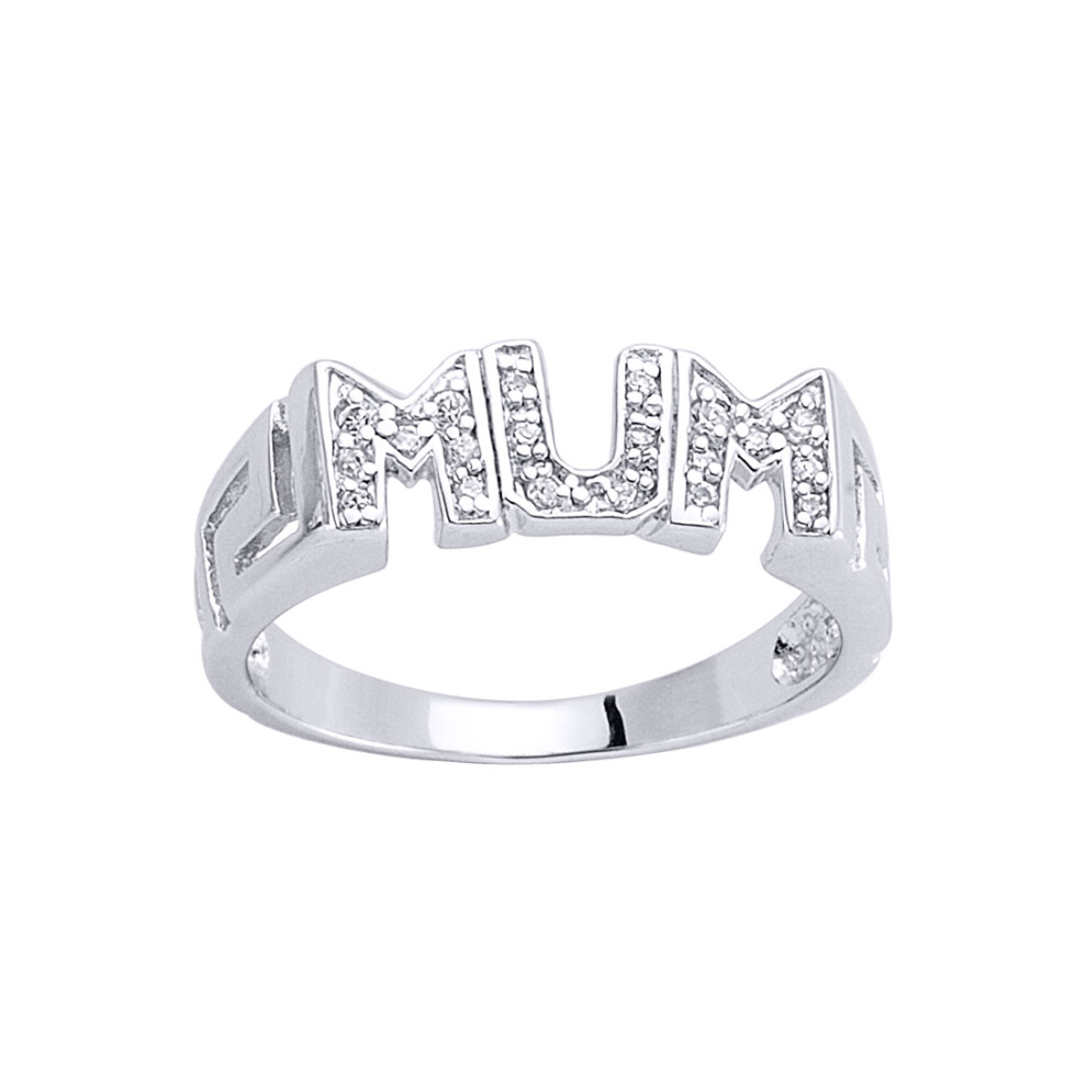 (O) Jewelco London Ladies Rhodium Plated Sterling Silver Cubic Zirconia Greek Key Pave MUM ID Signet Ring