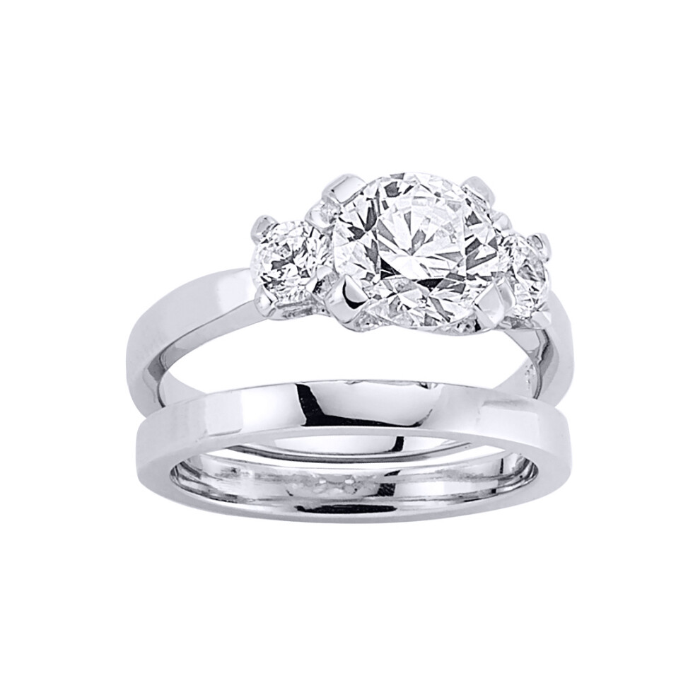 (L) Jewelco London Ladies Rhodium Plated Sterling Silver Cubic Zirconia Wedding Band Bridal Rings Set