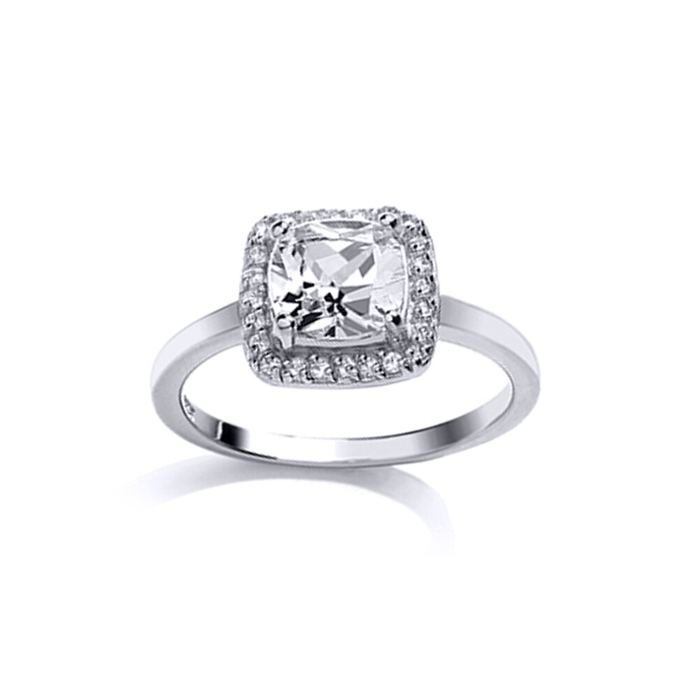 (Q) Jewelco London Ladies Rhodium Plated Sterling Silver Cushion Cubic Zirconia Halo Cluster Solitaire Engagement Ring
