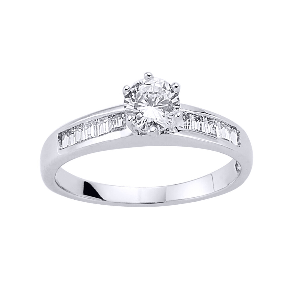 (P) Jewelco London Ladies Rhodium Sterling Silver Baguette Cubic Zirconia Shoulder-Set 6 Claw Solitaire Engagement Ring