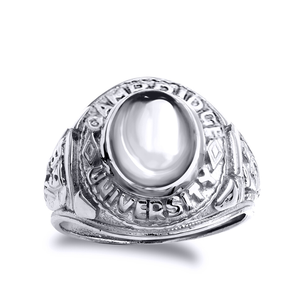 (S) Jewelco London Mens Rhodium Plated Sterling Silver Oval Cubic Zirconia Cabochon College Signet Ring