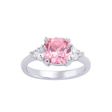 (P) Jewelco London Ladies Rhodium Sterling Silver Pink Cushion Triangle CZ Shoulder-Set 4 Claw Solitaire Engagement Ring