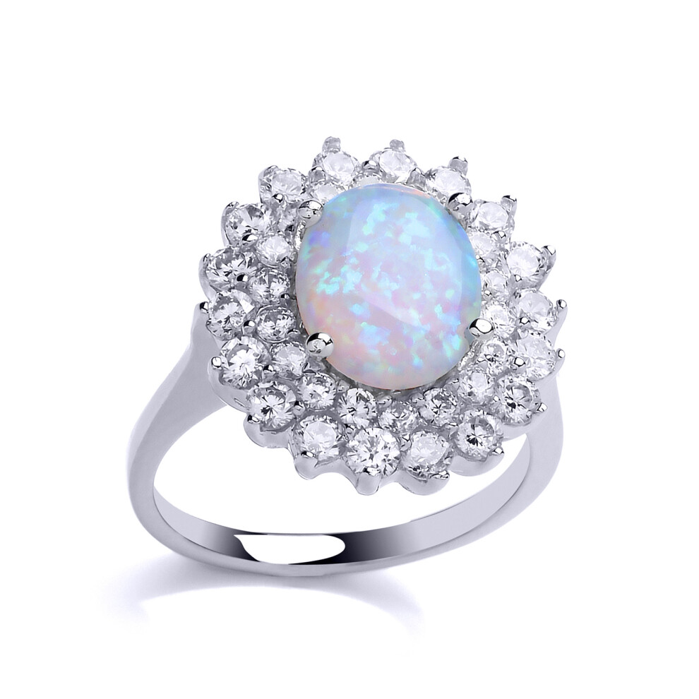 (L) Jewelco London Ladies Rhodium Plated Sterling Silver oval opal Royal Cluster Cluster Ring