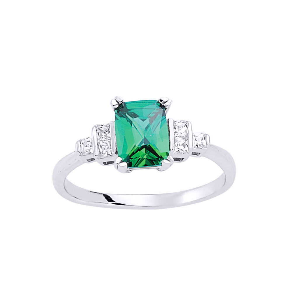(R) Jewelco London Ladies Rhodium Sterling Silver Green Emerald and Princess Cut Cubic Zirconia Solitaire Engagement Ring
