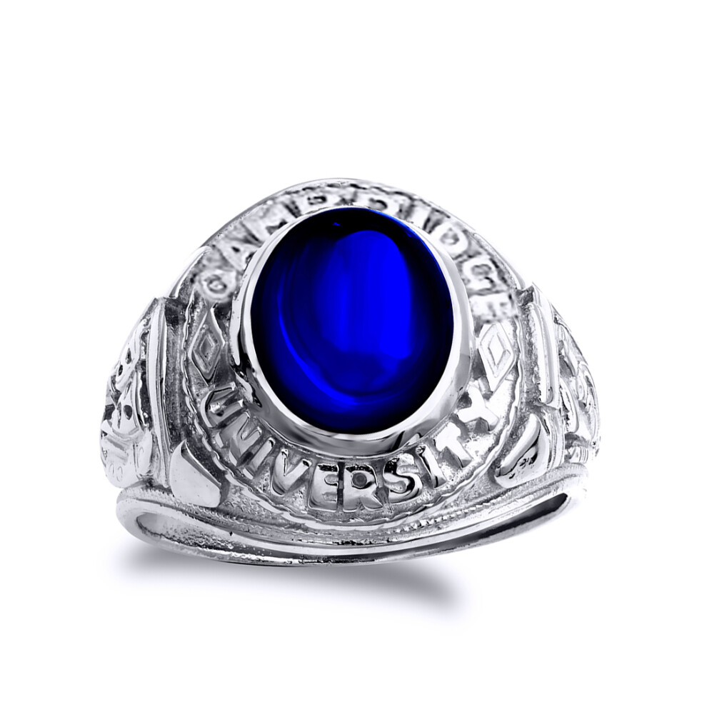 (X) Jewelco London Mens Rhodium Plated Sterling Silver Blue Oval Cubic Zirconia Cabochon College Signet Ring