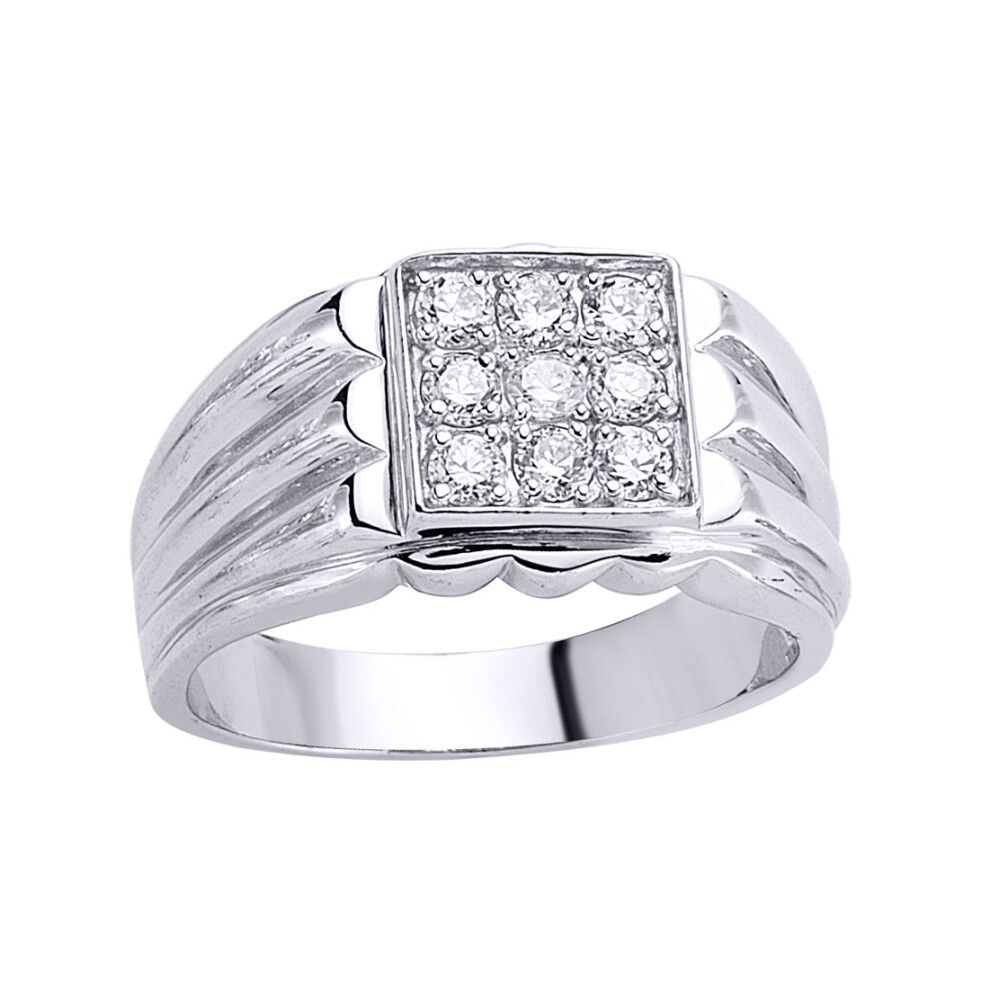 (S) Jewelco London Mens Rhodium Plated Sterling Silver Cubic Zirconia 9 Stone Cluster Signet Ring - GVR003