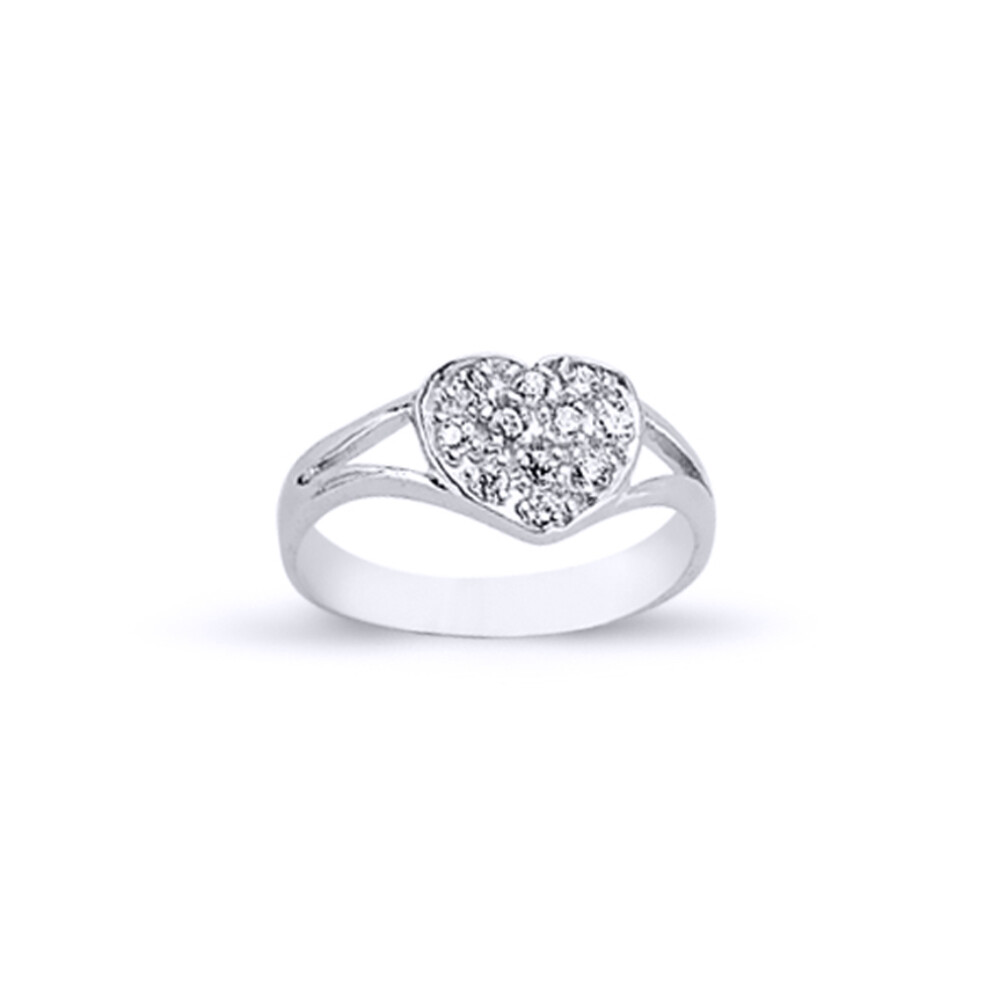 (F) Jewelco London Girls Rhodium Plated Sterling Silver Cubic Zirconia Encrusted Love Heart Signet Ring