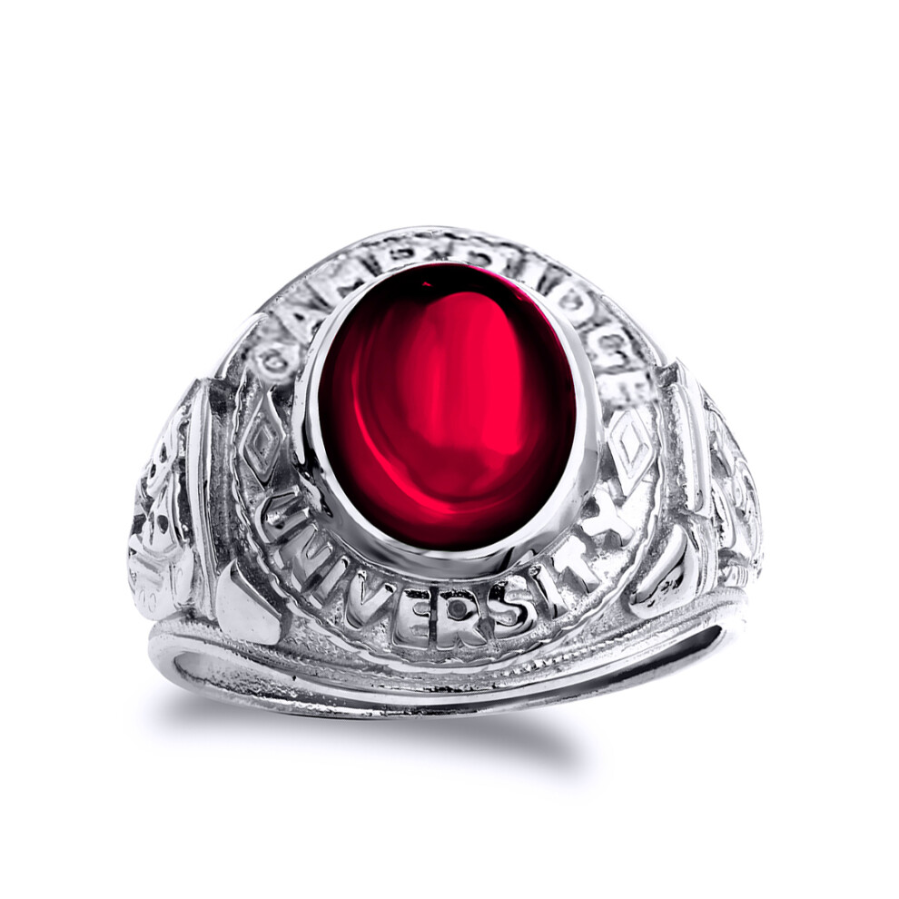 (Y) Jewelco London Mens Rhodium Plated Sterling Silver Red Oval Cubic Zirconia Cabochon College Signet Ring