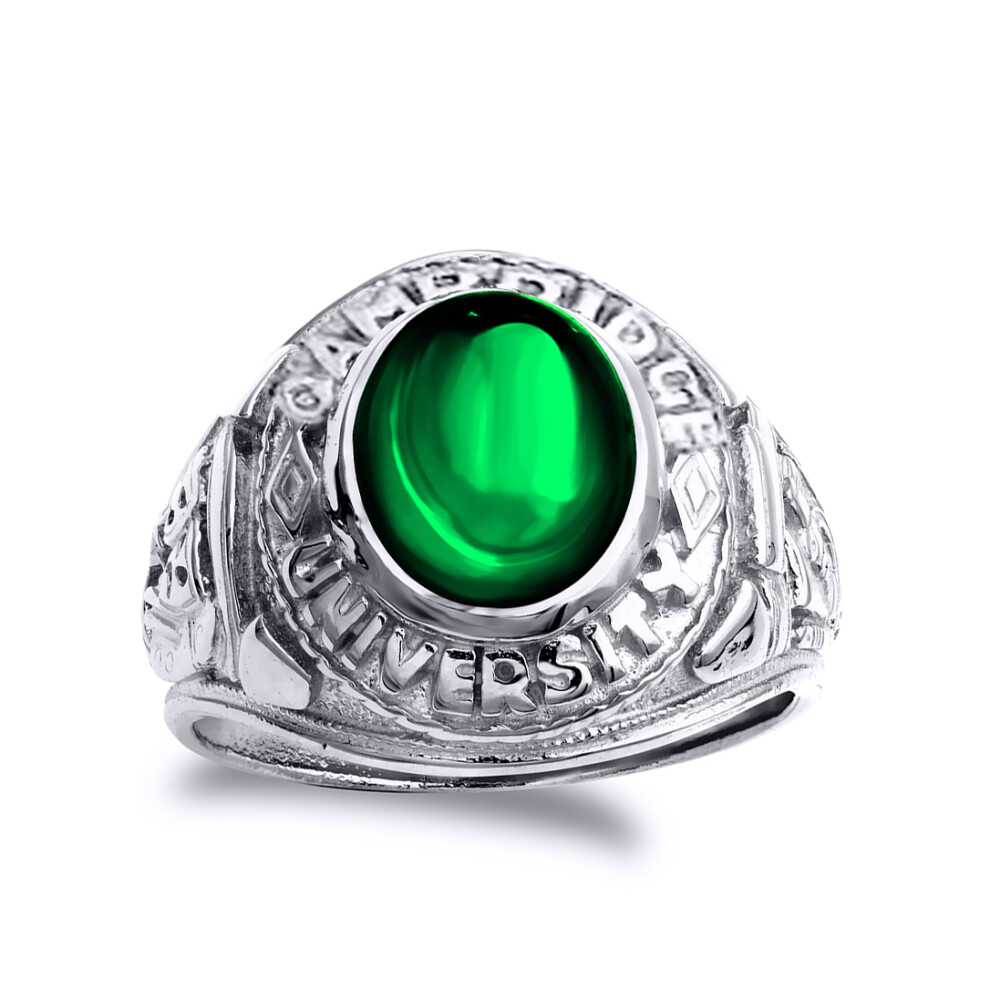 (U) Jewelco London Mens Rhodium Plated Sterling Silver Green Oval Cubic Zirconia Cabochon College Signet Ring