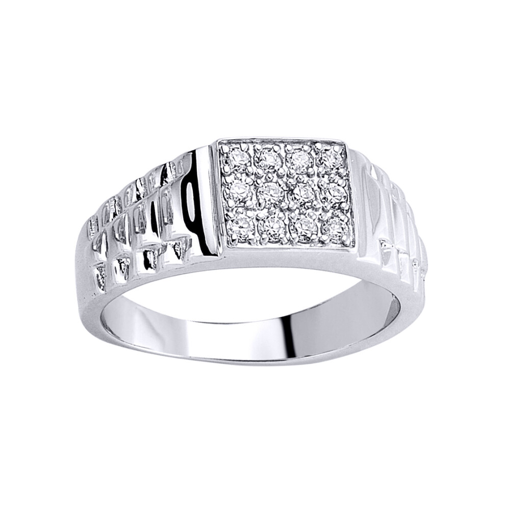 (T) Jewelco London Mens Rhodium Plated Sterling Silver Cubic Zirconia Watch Strap Cluster Signet Ring